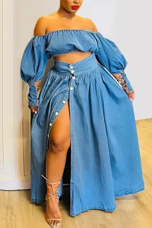 Trendy Plus Size Off The Shoulder Two Pieces Denim Skirt Set