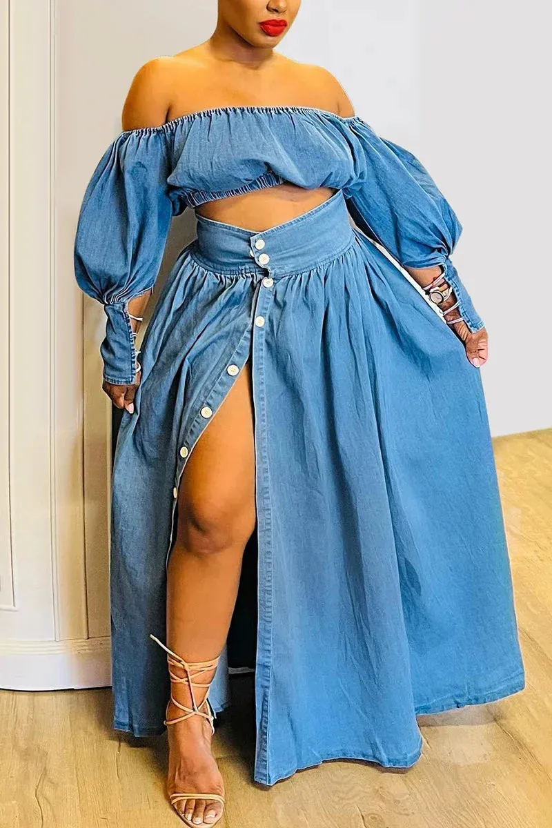 Trendy Plus Size Off The Shoulder Two Pieces Denim Skirt Set