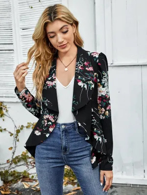 Waterfall Collar Asymmetrical Hem Floral Blazer