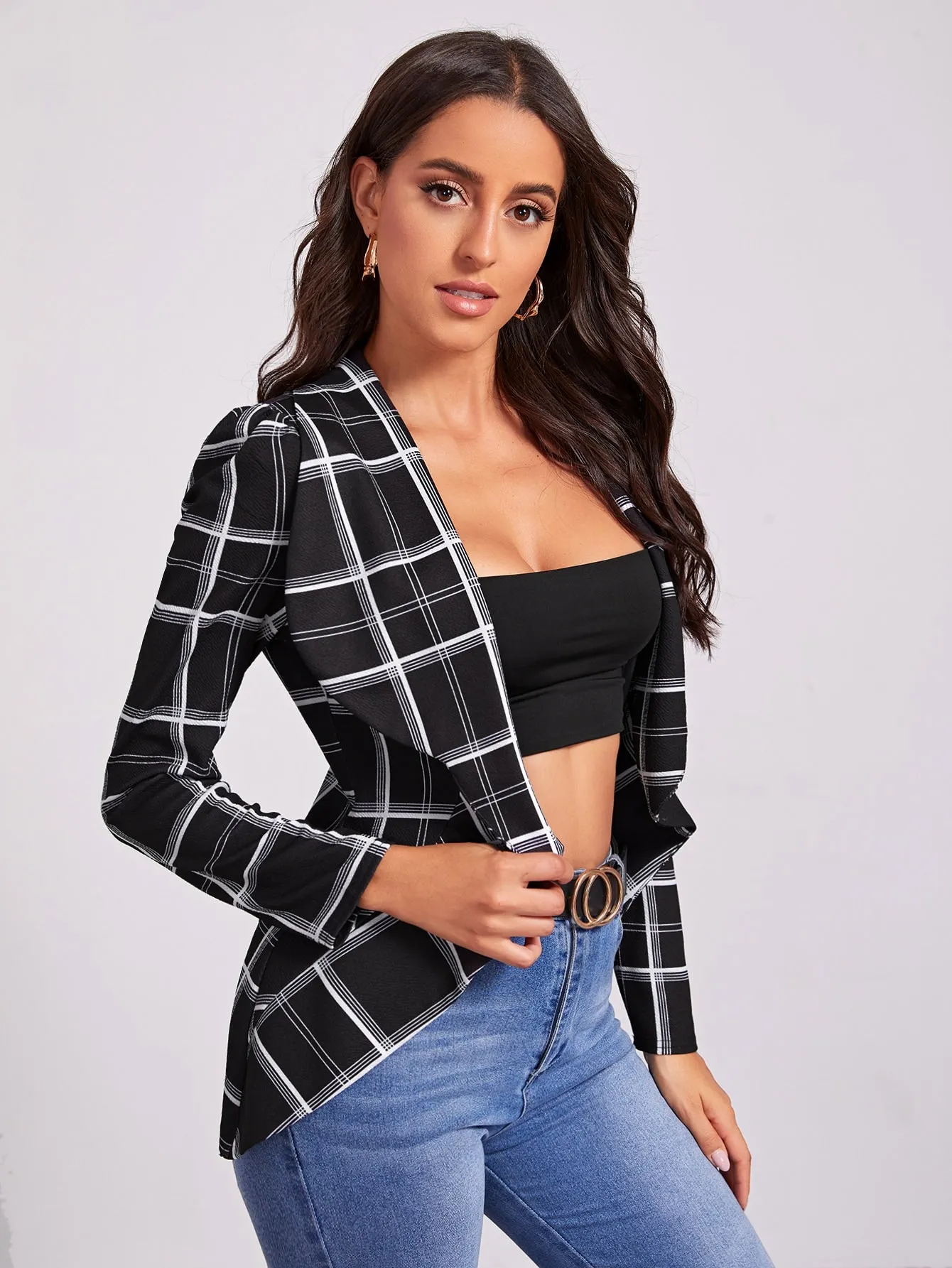 Waterfall Collar Grid Blazer