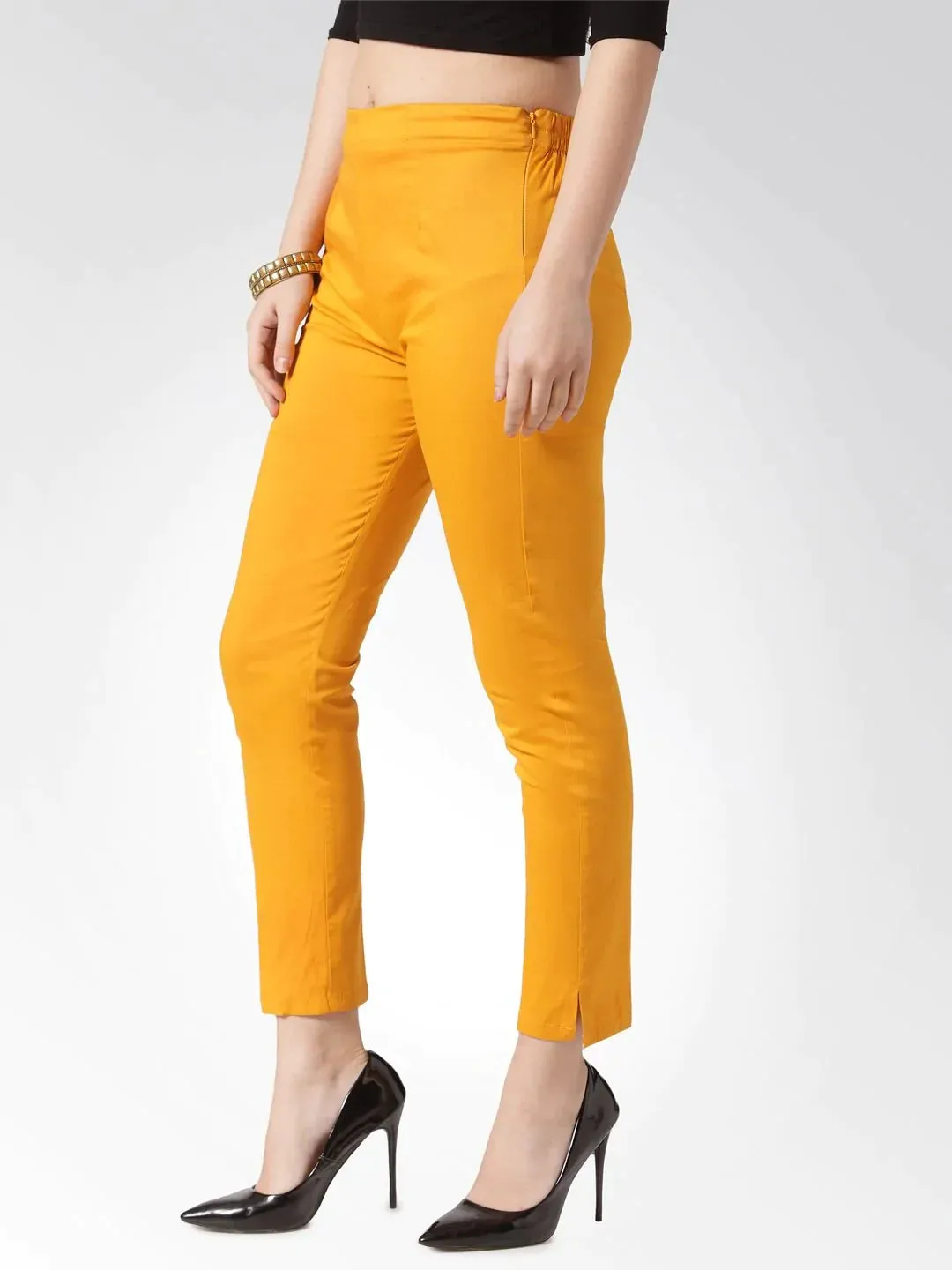 Women Mustard Smart Slim Fit Solid Regular Trousers