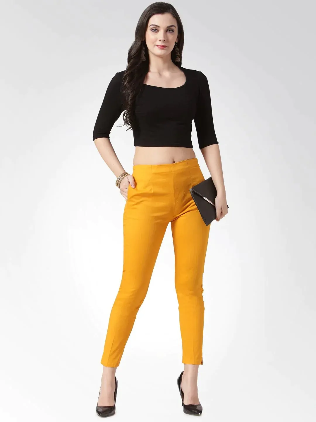 Women Mustard Smart Slim Fit Solid Regular Trousers