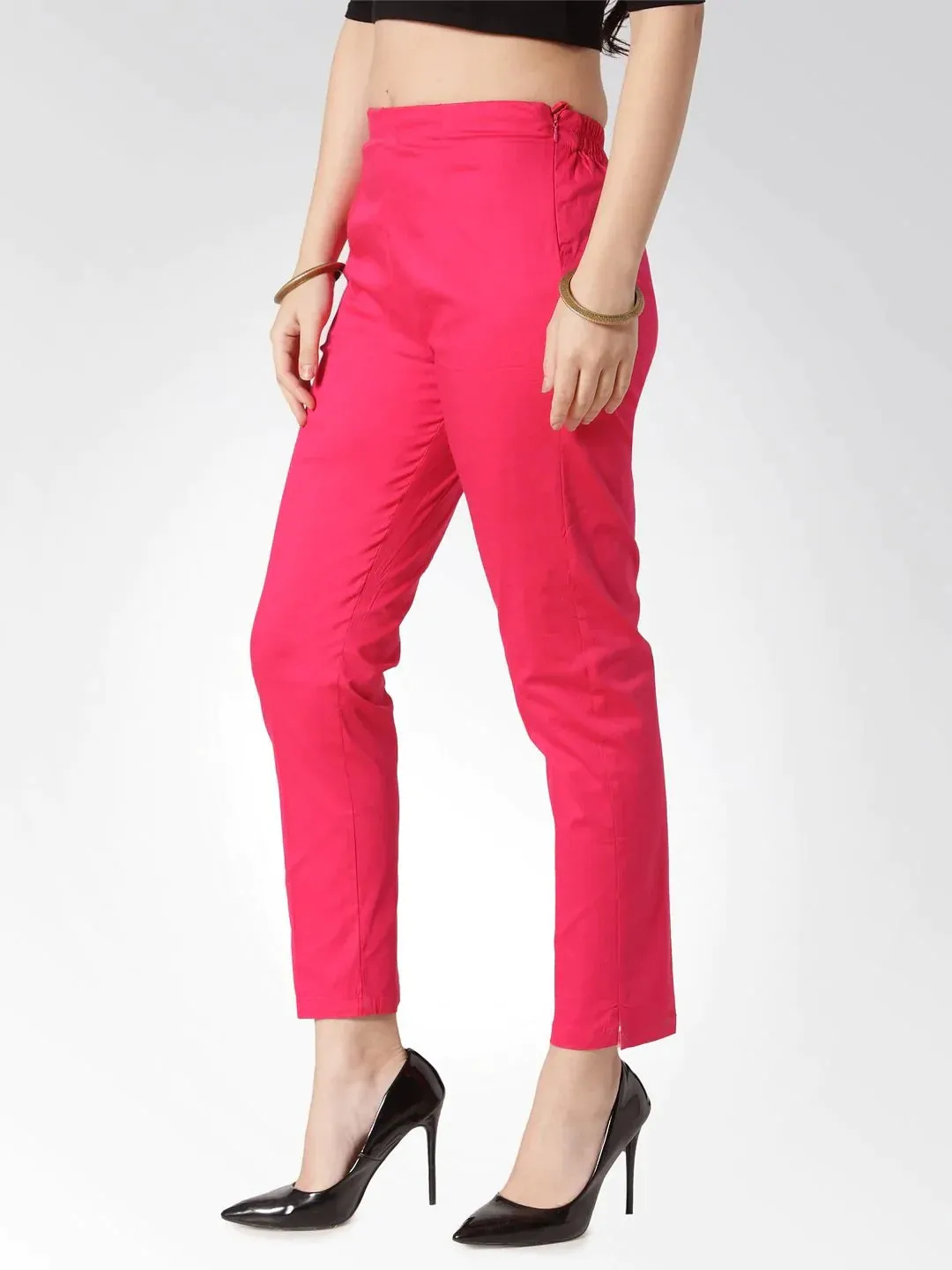 Women Pink Smart Slim Fit Solid Regular Trousers