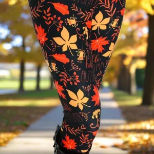 Womens Fall Oak Leaf Leggings, Soft Yoga Pants, Sizes OS/TC Yoga Waist, Black/Orange, Exclusive Leggings